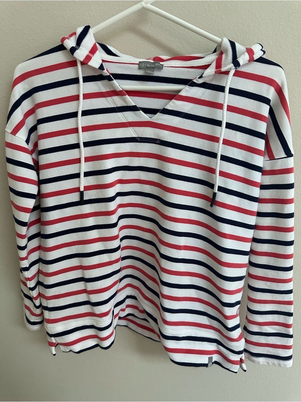 T by Talbots Small Petite SP Striped Hooded Pullover Red Navy White Cotton